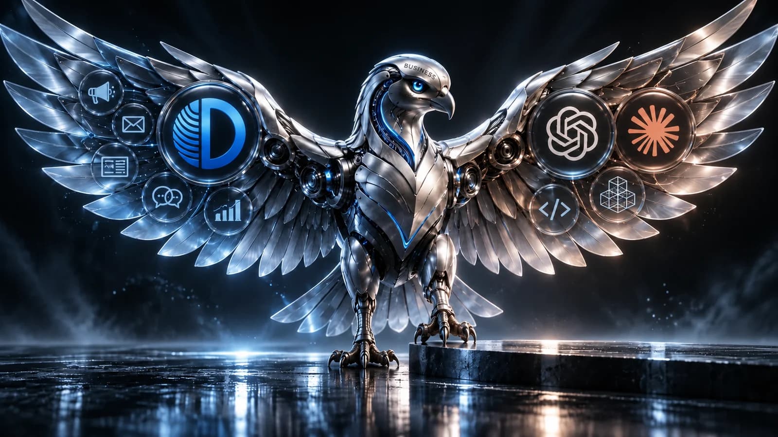 A robotic bird with BUSINESS on its head, Ditfa on its left wing and ChatGPT and Claude on its right, stepping onto the next level.
