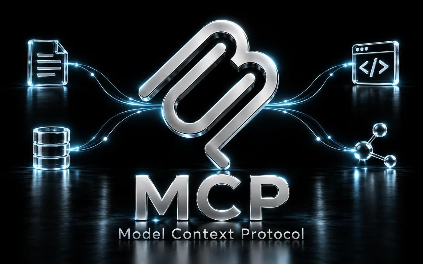 Silver MCP emblem and Model Context Protocol lettering, connected by light paths to documents, a database, code and a network