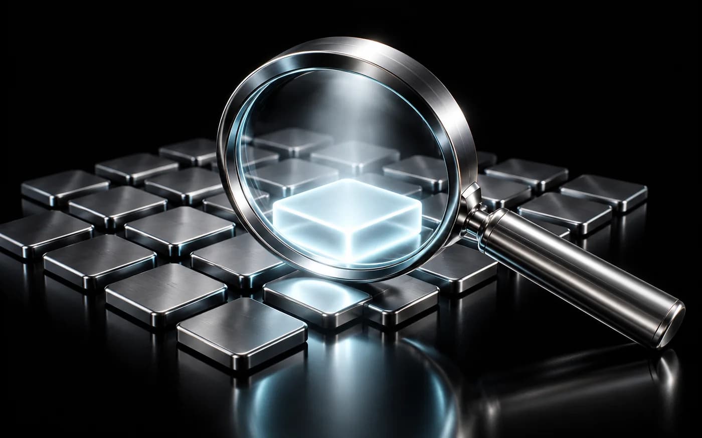 A silver magnifying glass highlighting one glass tile among metallic tiles, representing search discovery