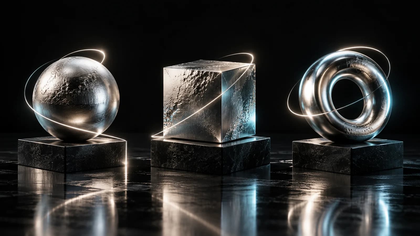 Three different metallic sculptures with separate paths of light, representing alternative model choices