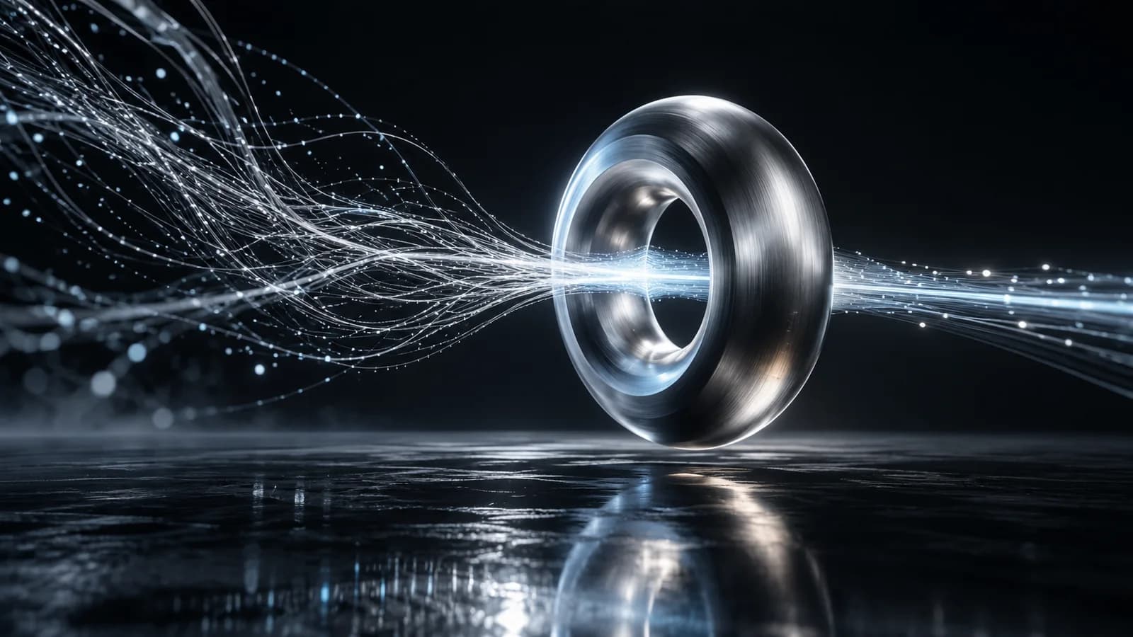 A silver ring focusing fine strands of light into a single beam, representing an idea taking shape